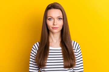 Photo of cute brunette young lady wear white pullover isolated on yellow color background