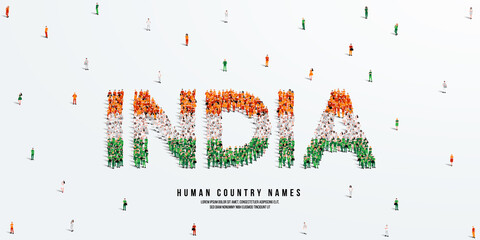 A large group of people stands, making up the word India. India flag made from people crowd. Vector illustration isolated on white background.