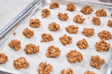 Lots of raw uncooked oatmeal cookies on steel pan before baking.