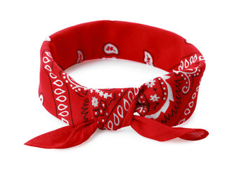 Tied red bandana with paisley pattern isolated on white