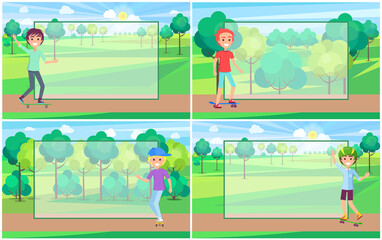 Set of skaters in green park full of trees and bushes near place for text form. Advertisement poster with boy skateboarder vector boy with skateboard