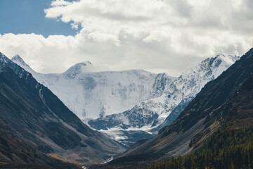 Atmospheric landscape with great snow mountains under cloudy sky. Dramatic scenery with trees on hill among rocks in sunshine with view to high snowy mountain wall with glacier in valley in sunlight.