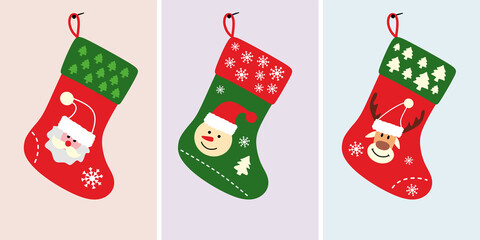 Christmas is celebrated. Nativity. Christmas socks set with different patterns. New year. Santa Claus. Snowman. Christmas deer. Christmas tree. Snowflakes. Color flat vector illustration. Isolated    