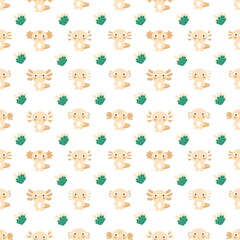 Cartoon style seamless pattern with axolotls and cactuses. Perfect for T-shirt, textile and prints. Hand drawn illustration for decor and design.