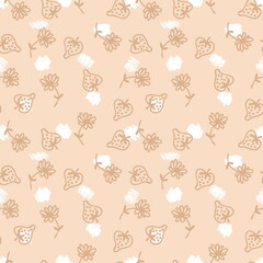 Doodle style strawberries and flowers seamless pattern. Perfect for scrapbooking, textile and prints. Hand drawn illustration for decor and design.