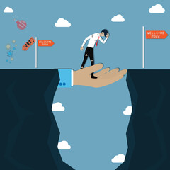 Flat of business concept,A businessman walks across the ravine on big hand - vector