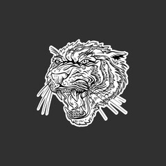 Tiger head hand drawn sketch. Sticker design template. T-shirt print project. Artwork vector illustration for fashion industry. 