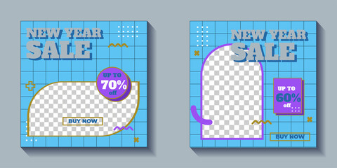 Social media promotion template. New year sale 80s retro post template. memphis social media design.