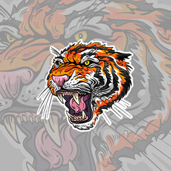 Mascot logo tiger head hand drawn sketch. Sticker design template. T-shirt print project. Artwork vector illustration for fashion industry. 