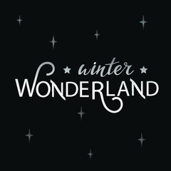 Winter wonderland vector hand lettering. Silver letters with stars on the black background. Typography for winter holidays. Vector illustration, style calligraphy. Wintertime