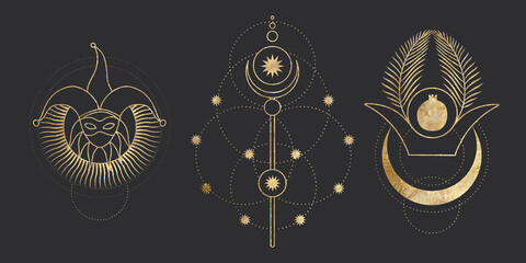 Fototapeta na wymiar chic golden luxurious retro vintage engraving style. image of the sun and moon phases. culture of accultism. Vector graphics