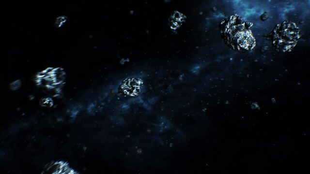 Beautiful Space Flight to the Earth. Moving Through Asteroids Cloud, Near Moon and Orbiting Satellite to the Planet Earth. Shining Sun and Stars in Open Space. Zoom 3d Animation 4k UHD 3840x2160