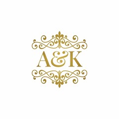 A&K initials logo ornament gold. Letter AK wedding ampersand or business partner symbol. - obrazy, fototapety, plakaty