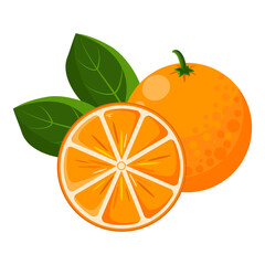 Juicy orange, whole and half, with green leaves. Bright isolated vector illustration.
