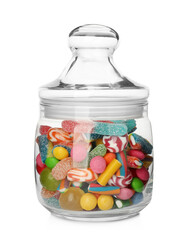 Many different candies in glass jar isolated on white