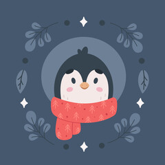 Cute penguin character with scarf. Christmas animals, winter time. Vector illustration