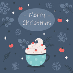 Merry Christmas greeting card with hot drink. Christmas sweets. Vector illustration