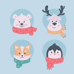 Merry Christmas cute animals, penguin, bear, deer, cat. Winter time. Vector illustration