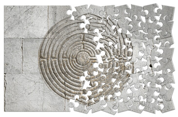 Labyrinth carved on medieval stone wall - solution concept in ji
