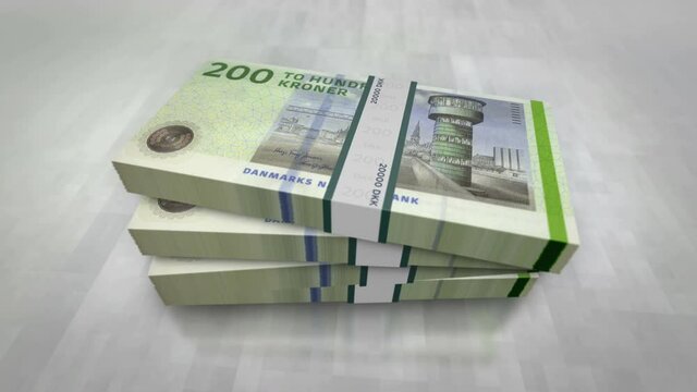 Danish krona money pile pack. Concept background of economy, banking, business, crisis, recession, debt and finance in Denmark. 200 DDK banknotes stacks animation.