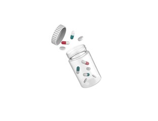 Plastic medical open pills spilling out of transparency bottle isolated on white background. 3D render model.