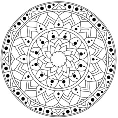 Outline mandala with symmetrical patterns, flower coloring page with dots and curls