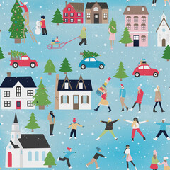Seamless pattern Cute Christmas landscape in the town with house,car, threes, people walking and kids playing ice skate. Panorama flat design in village on Christmas eve, Holiday background.