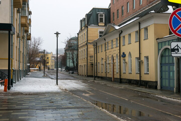 View of Malaya Yakimanka street in a foggy winter morning. Foggy winter morning in Moscow.