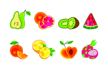 Pear grapefruit peach watermelon orange kiwi lemon dragon fruit mango strawberry on white background. Vector illustration. Collection of fruit and berry icons. Citrus design for fabric and decor