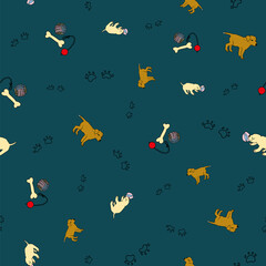 Vector Dark blue dog puppies with toys and paw seamless background pattern