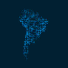 Fototapeta na wymiar South America dotted glowing map. Shape of the continent with blue bright bulbs. Vector illustration.