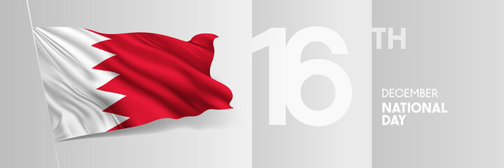 Bahrain happy national day greeting card, banner vector illustration. Bahraini holiday 16th of December design element with 3D waving flag on flagpole