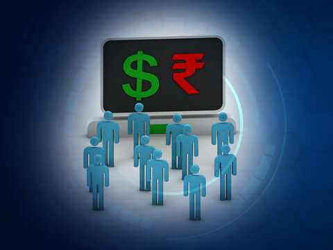 3d illustration dollar sign and rupee sign with group people 