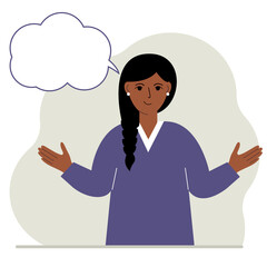 Young woman with a smile thinks and blank thought, speech bubble. Hands are spread apart. Place for your text.