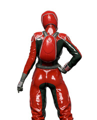 cosmonaut girl is doing a pin up pose rear view on white background