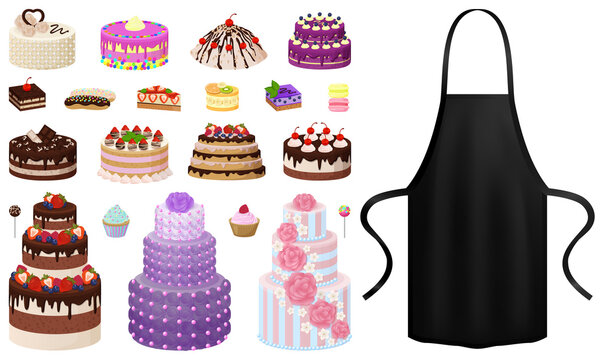 Protective garment for cooking near bakery products icons. Clothes for work in kitchen, element of clothing for cooking. Chef clothing next to cakes. Apron for cooking in kitchen vector illustration