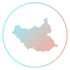 Obraz premium South Sudan digital badge. Dotted style map of South Sudan in a circle. Tech icon of the country with gradiented dots. Superb vector illustration.
