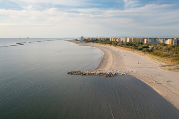Aerial shot of sandy beach, typical adriatic shore.Summer vacation concept.Lido Adriano...