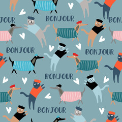 Seamless pattern of funny pets dogs and cats dressed in French style. Vector illustration © Gulnaz