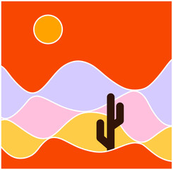 Vector illustration of a cactus on a desert background. Sandy desert. Cactus silhouette, icon, logo, pictogram. Mexico, Mexican, African, Arizona. Exotic plants in the desert. Sand. Sun over the sands