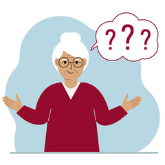 Conceptual illustration of a grandmother who has many questions and question marks in his mind.
