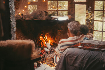 Obraz premium Old caucasian couple spending leisure time together at home. Loving romantic husband and wife relaxing while looking at burning fireplace during winter christmas holiday 