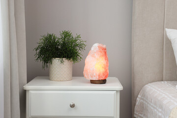 Beautiful Himalayan salt lamp and green houseplant on white stand in bedroom