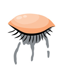 Crying eye. Smeared mascara. Black ink cosmetics on face. Closed eyelid with eyelashes. Stress and frustration. Flat cartoon