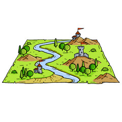 Castle fort with tower. Medieval landscape in engraving style. Valley with river and forest. Old retro hand drawn map.