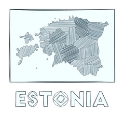 Sketch map of Estonia. Grayscale hand drawn map of the country. Filled regions with hachure stripes. Vector illustration.
