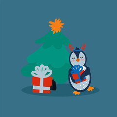 A Penguin poster with a Christmas tree and gifts. Festive New Year's card with a bird for the new year. A Christmas animal for a children's card. Vector illustration