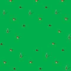 pattern made with Christmas tree, Christmas bell and fir cone with sunny shadow against pastel green  background. Modern adorable retro pattern concept with copy space
