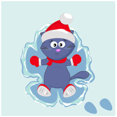 A cute cat in a santa claus hat on the snow makes a snow angel