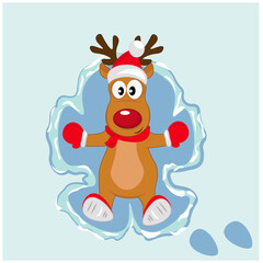 Obraz na płótnie Canvas A cute deer in a santa claus hat on the snow makes a snow angel